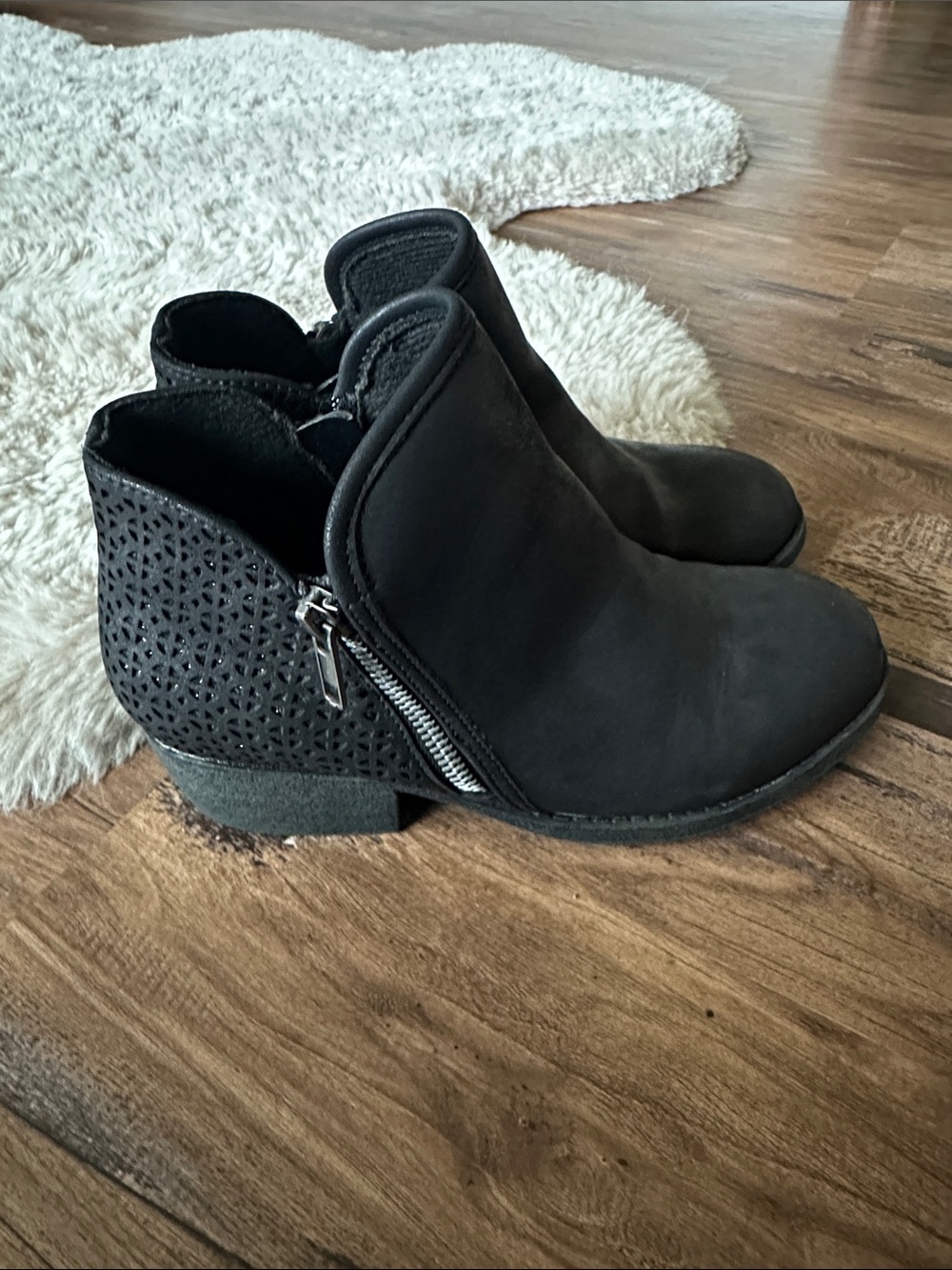 Jellypop Black Perforated Glittery Heel Ankle Booties with Side Zip